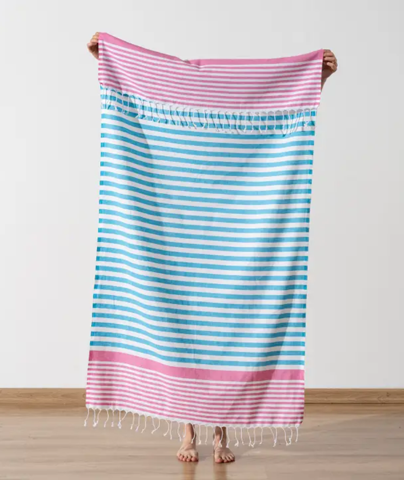 Serviette de plage Résistante au sable et Séchage rapide - Rayures Bleu et Rose