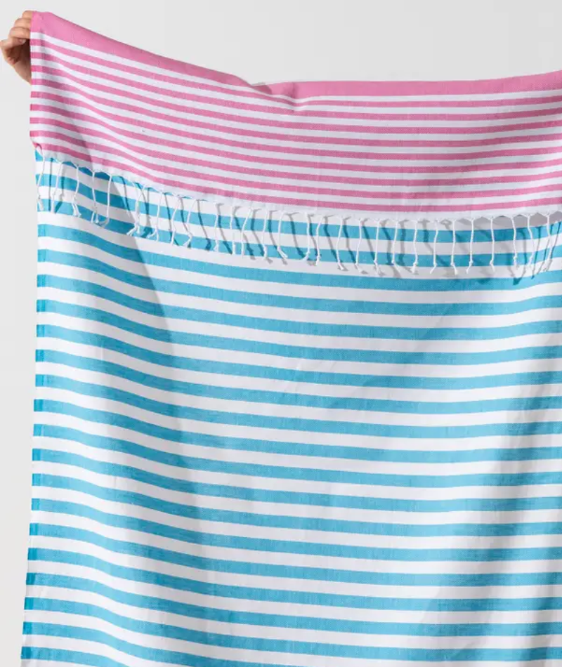 Serviette de plage Résistante au sable et Séchage rapide - Rayures Bleu et Rose