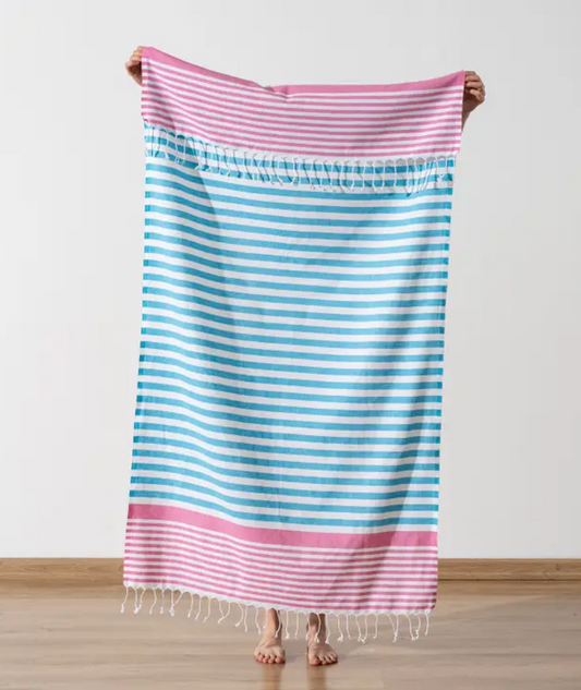 Serviette de plage Résistante au sable et Séchage rapide - Rayures Bleu et Rose