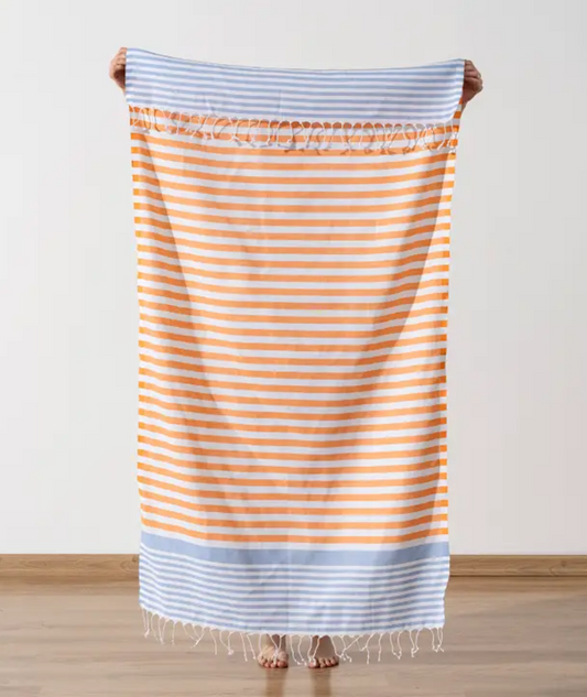 Serviette de plage Résistante au sable et Séchage rapide - Rayures Orange et Bleu